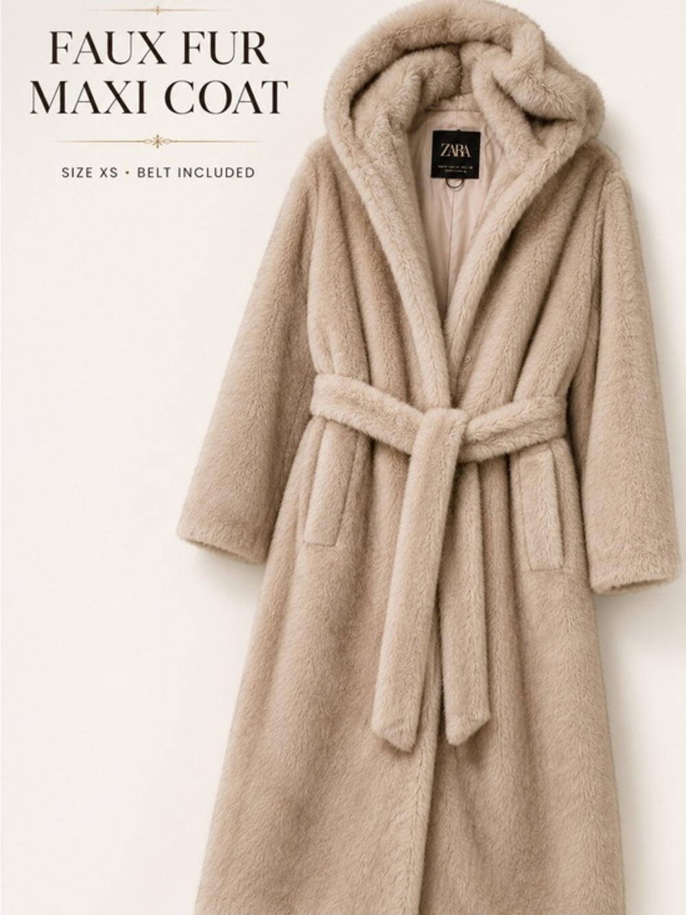ZARA Faux Fur Maxi Coat Hooded Teddy Coat Oatmeal Beige Size XS